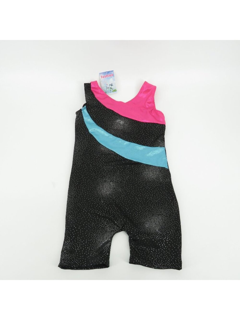 Girls Glittery Gymnastics Unitard Pink Blue Metallic Accents Black Base NEW